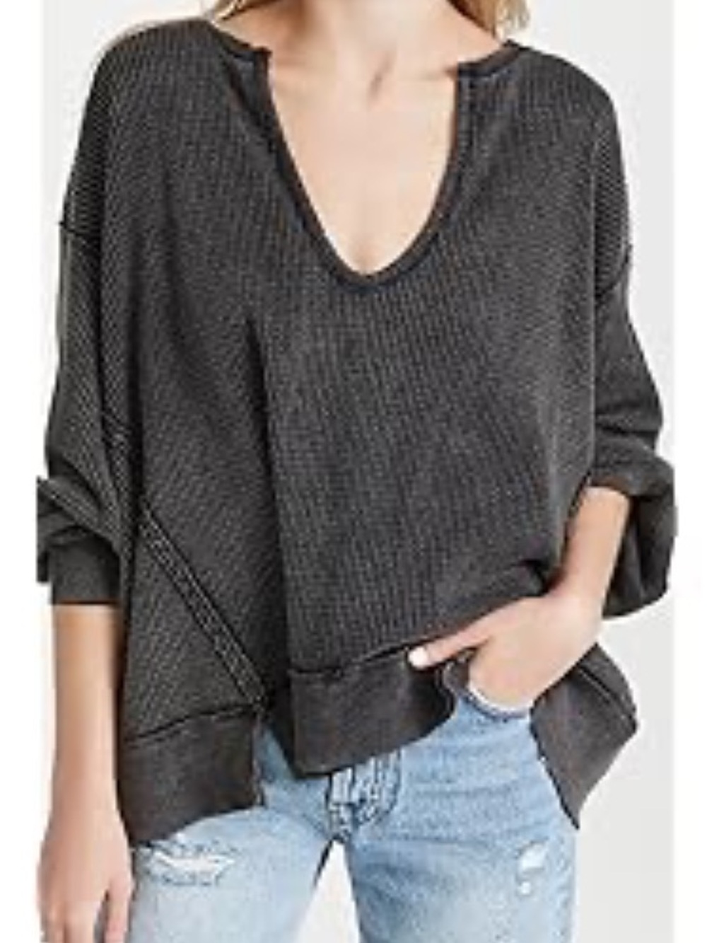 Free People We The Free Buttercup oversize thermal top dark grey waffle knit top